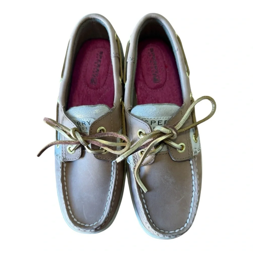 Sperry Top Sider Boat Shoes Womens Size 5M Tan Leather Gold Glitter Deck Lace Up